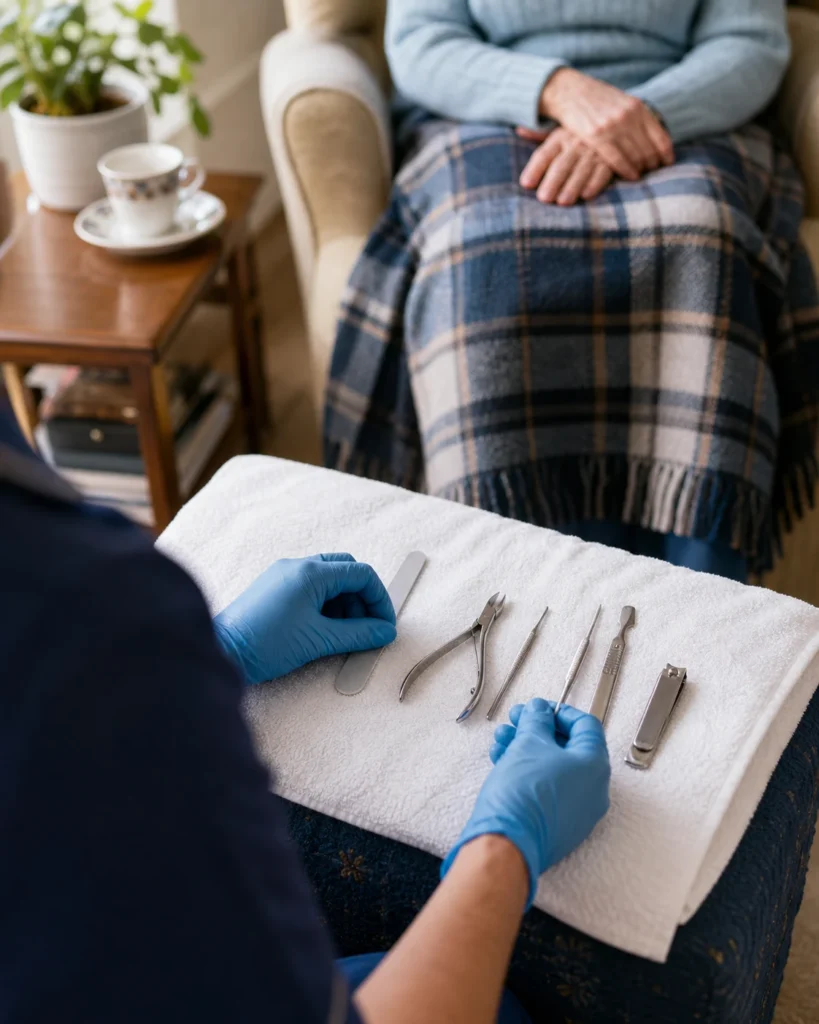 A foot care practitioner in blue gloves laying out sterilised instruments on a towel during a home visit