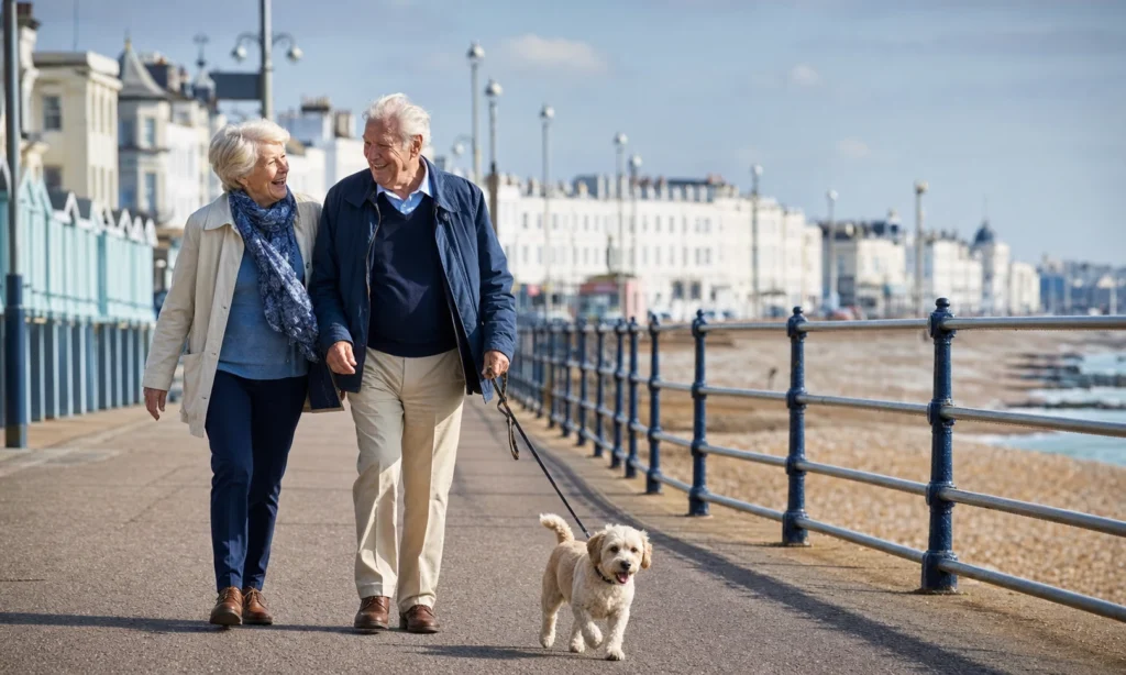 An older couple walking comfortably along Worthing seafront with their dog