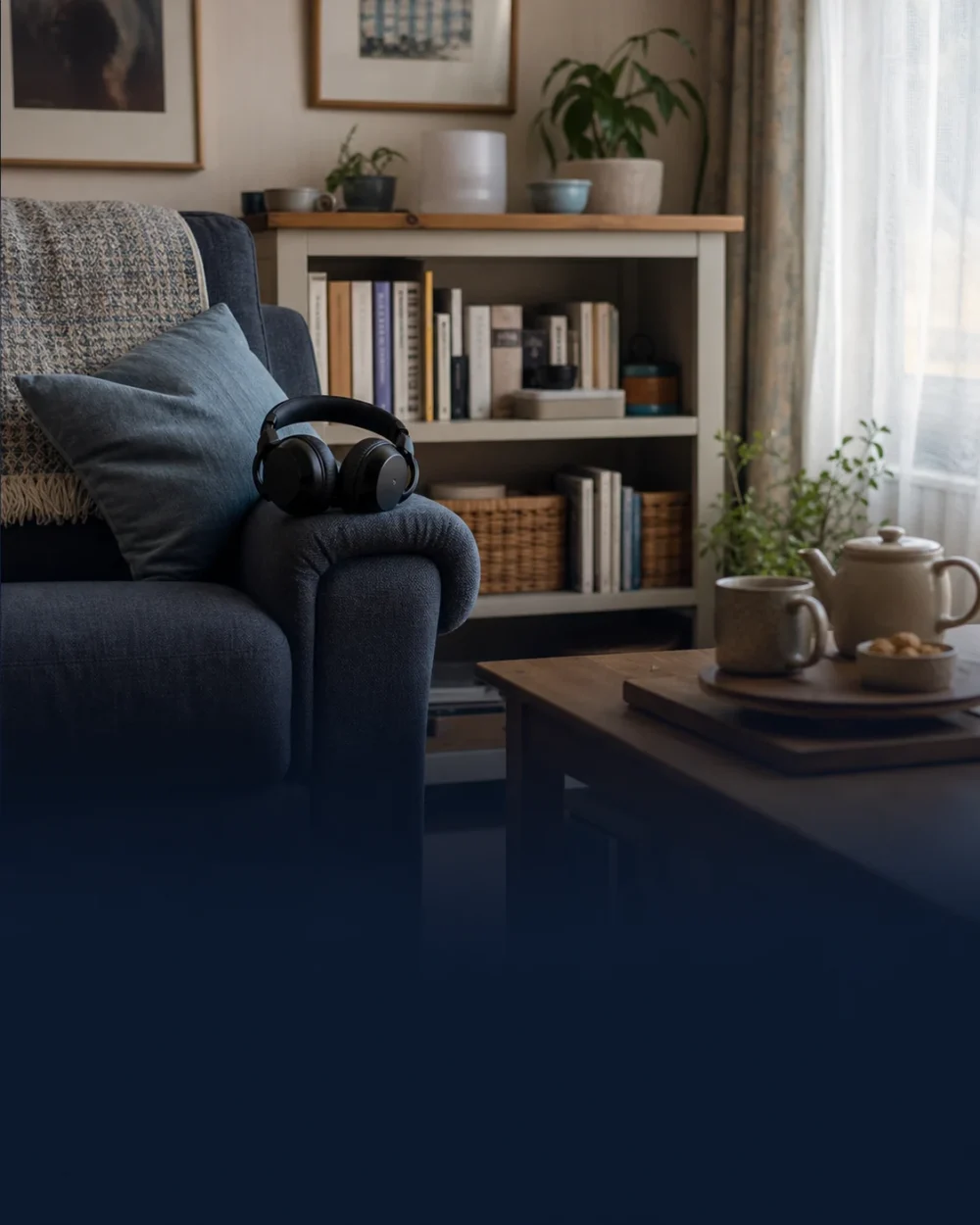 Noise-cancelling headphones resting on an armchair in a calm living room