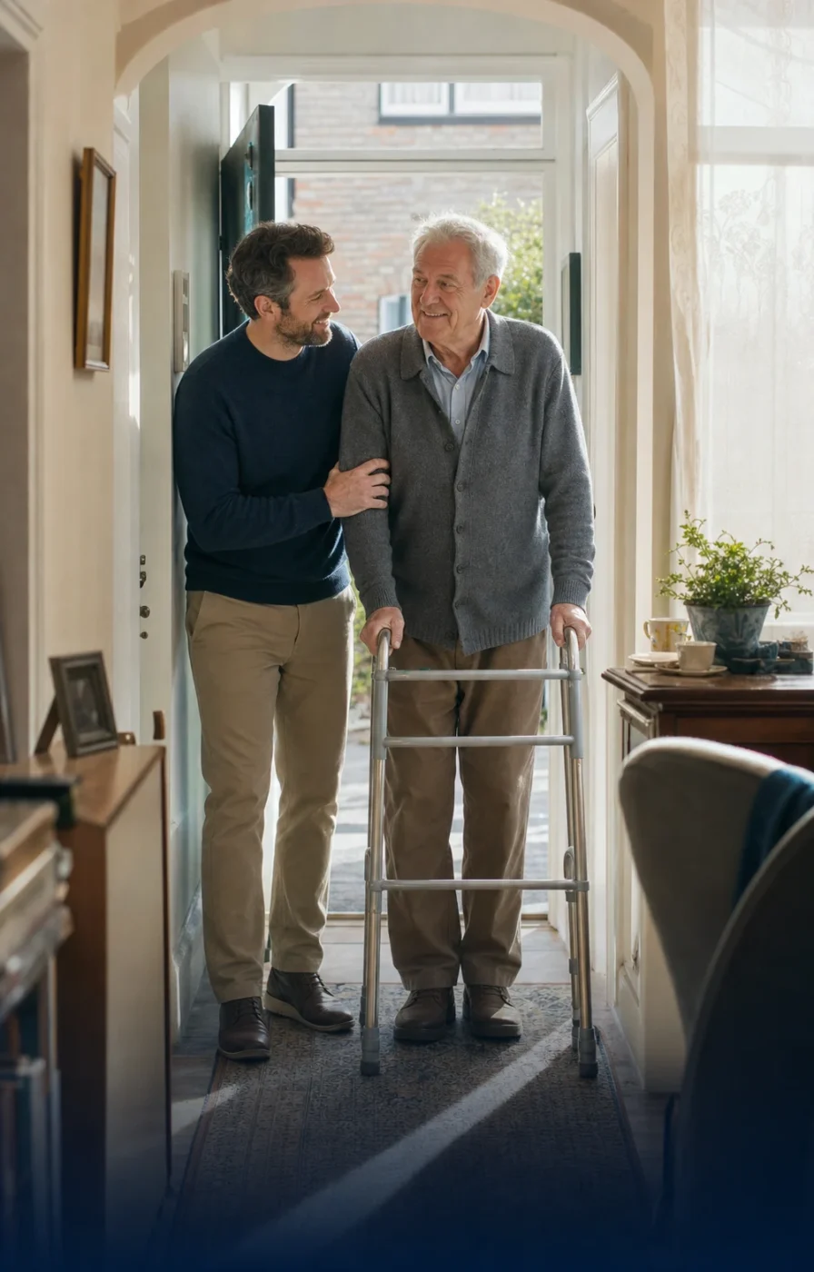 A younger man supporting an older man using a walking frame at home