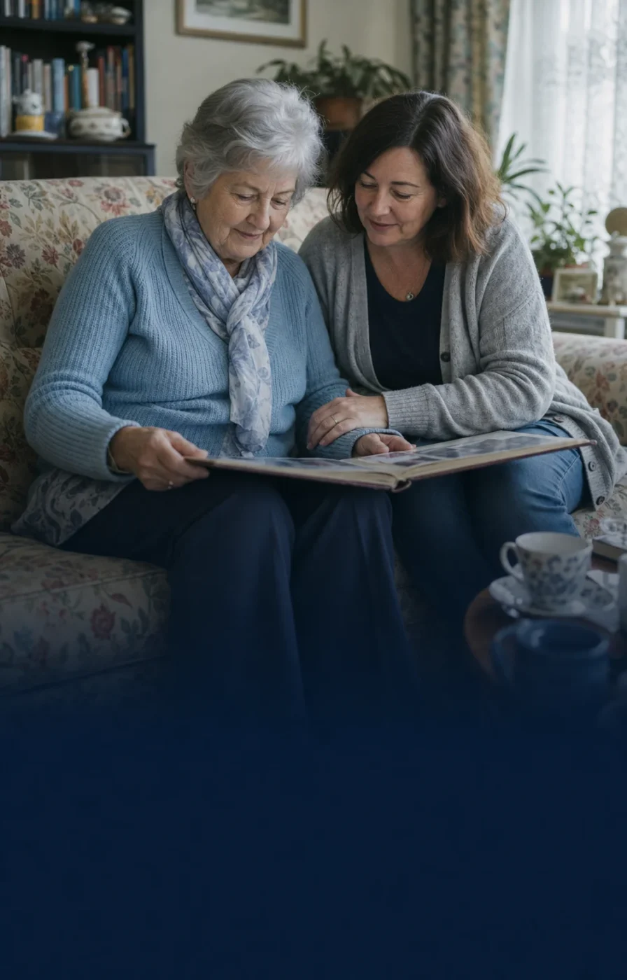 An older woman looking through a photo album with a younger woman at home