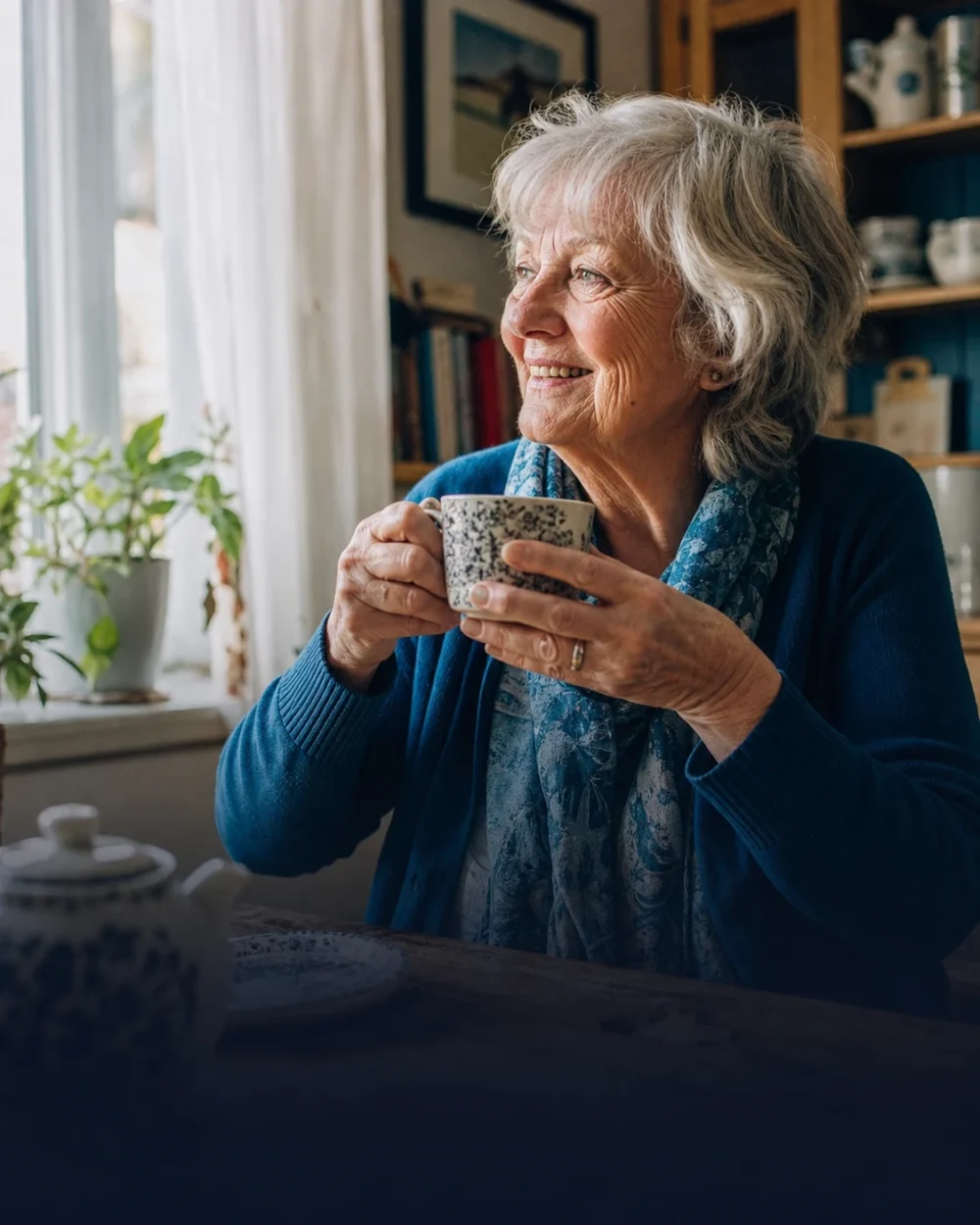 An older woman smiling while holding a cup of tea at home