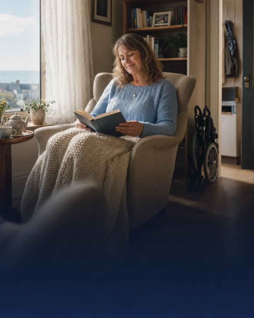 A woman reading in an armchair beside a folded wheelchair
