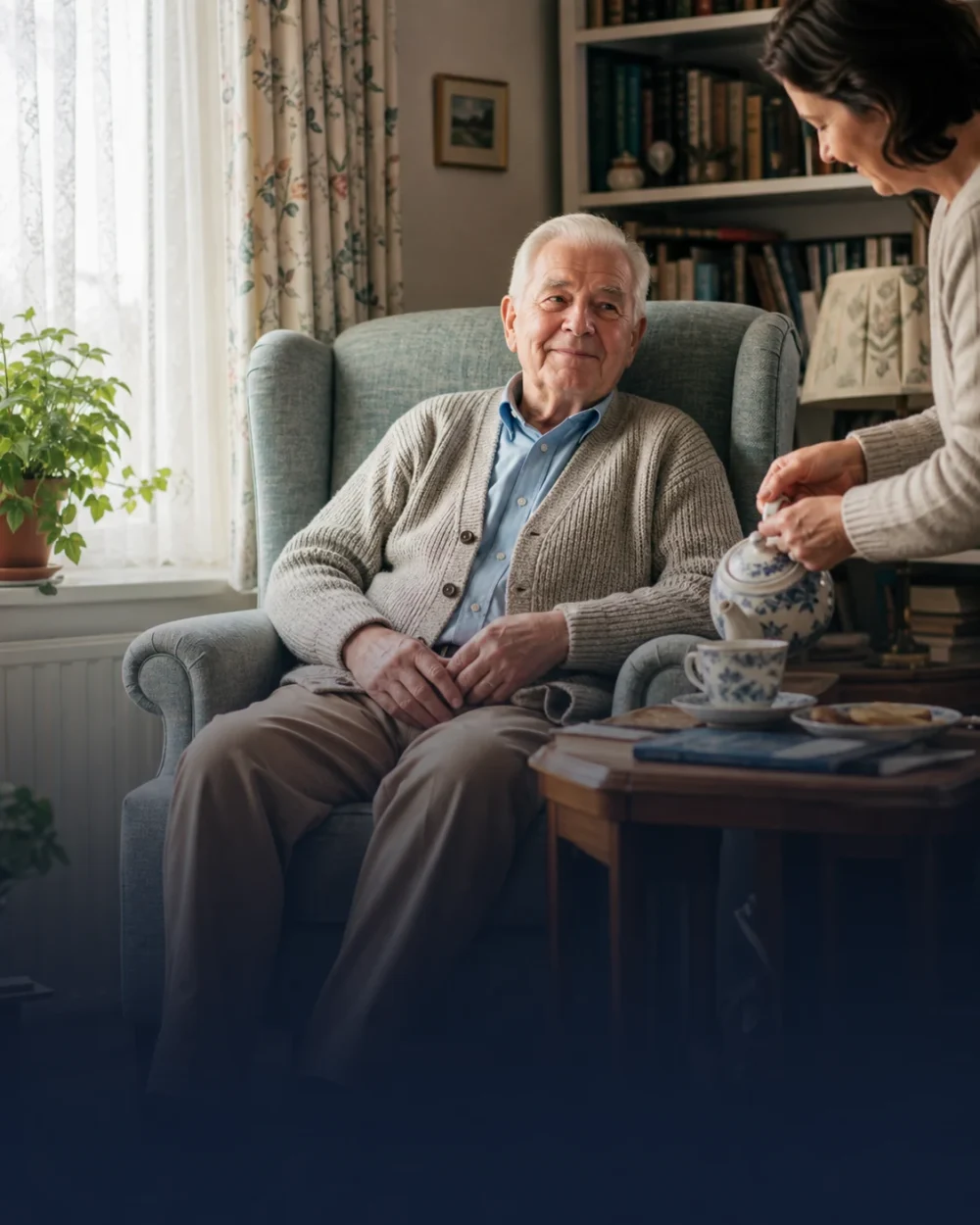 An older man sitting in an armchair while a woman pours tea